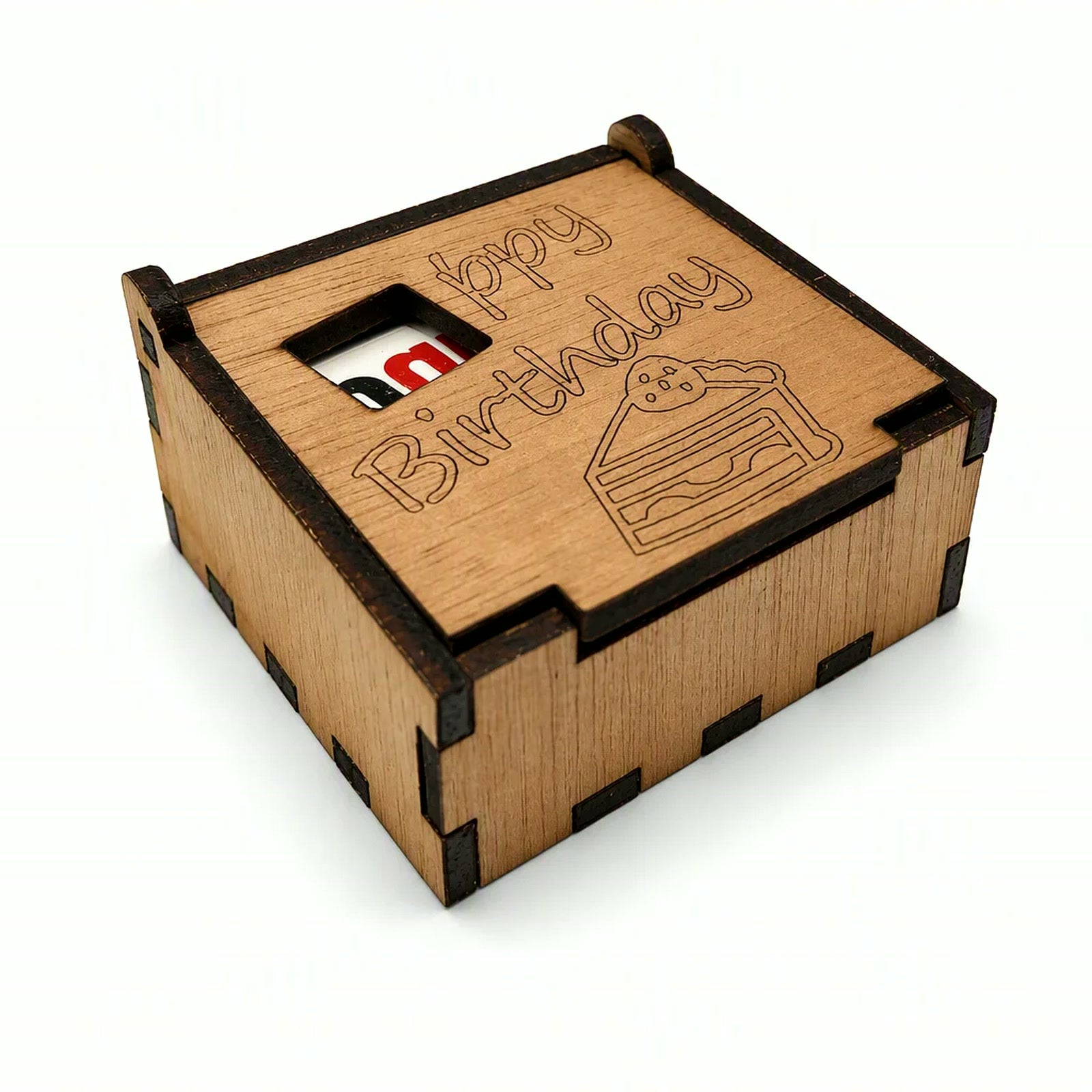 Quadratische Holz-Schiebeschachtel mit Gravur »Happy Birthday«, Cupcake und Tortenstück, Riegel im Sichtfenster