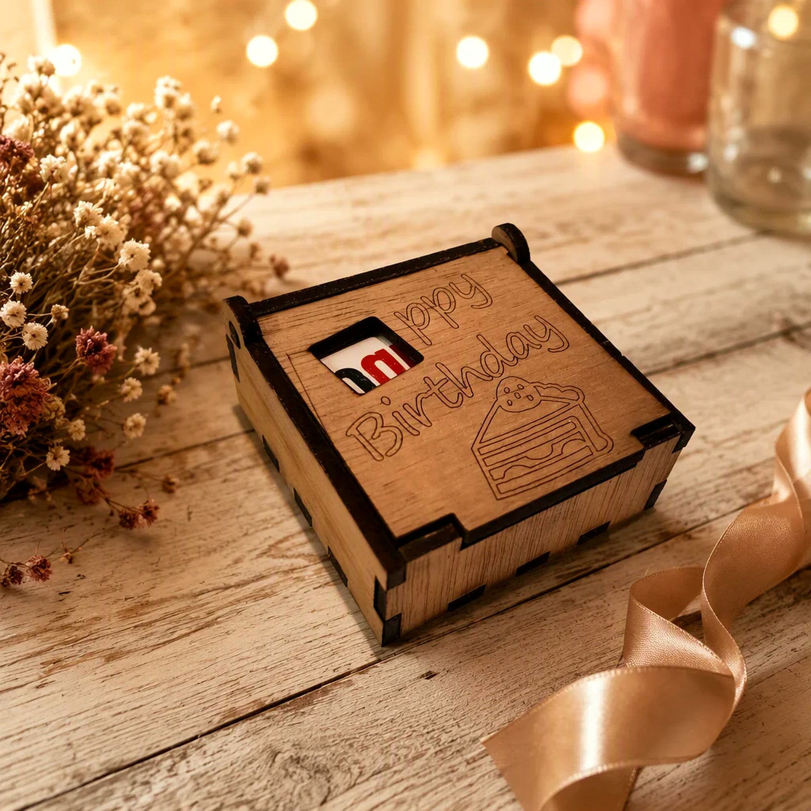 Holz-Schiebeschachtel als Geburtstagsgeschenk mit Trockenblumen, Lichterkette und Geschenkband