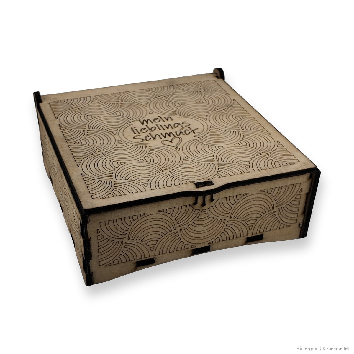 Schmuckkästchen aus Holz, Design Vela mit Wellen-Muster und Gravur „mein lieblings Schmuck“ (Hintergrund KI-bearbeitet)