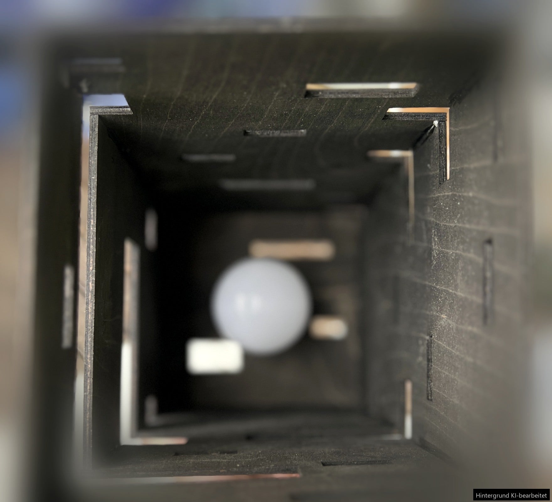 Blick in die Lampe – doppelwandige, geschichtete Konstruktion mit E27-Leuchtmittel (Hintergrund KI-bearbeitet)