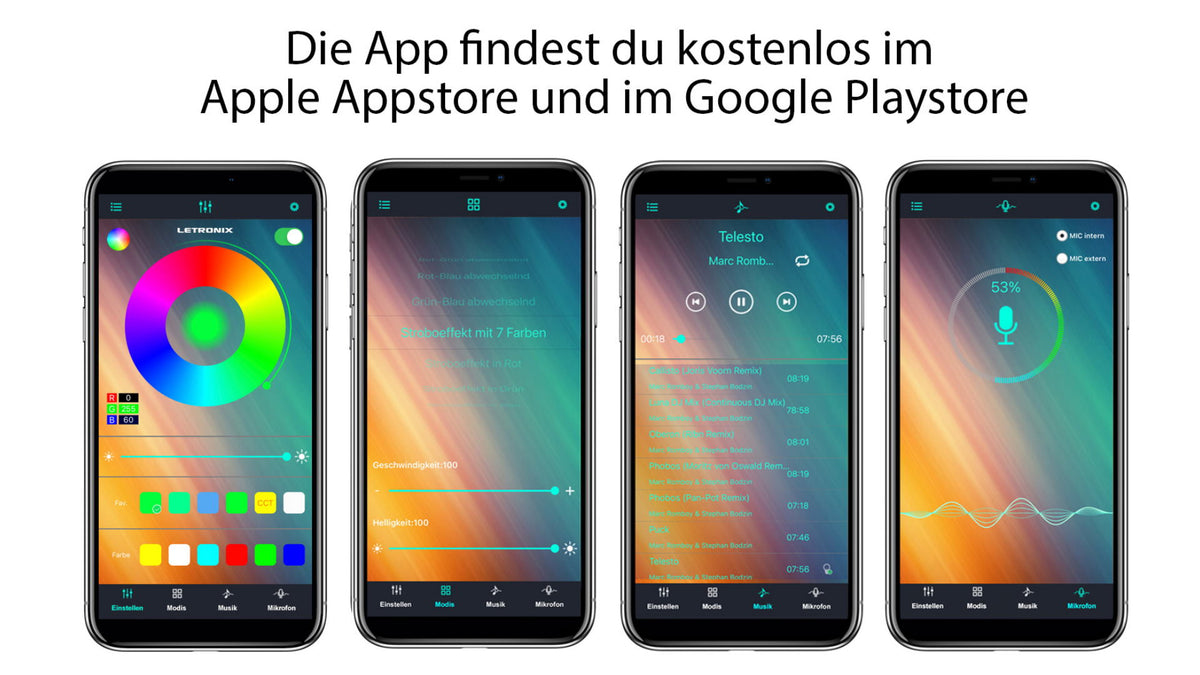 Kostenlose App zur Steuerung der Ambientebeleuchtung im Apple App Store und Google Play Store