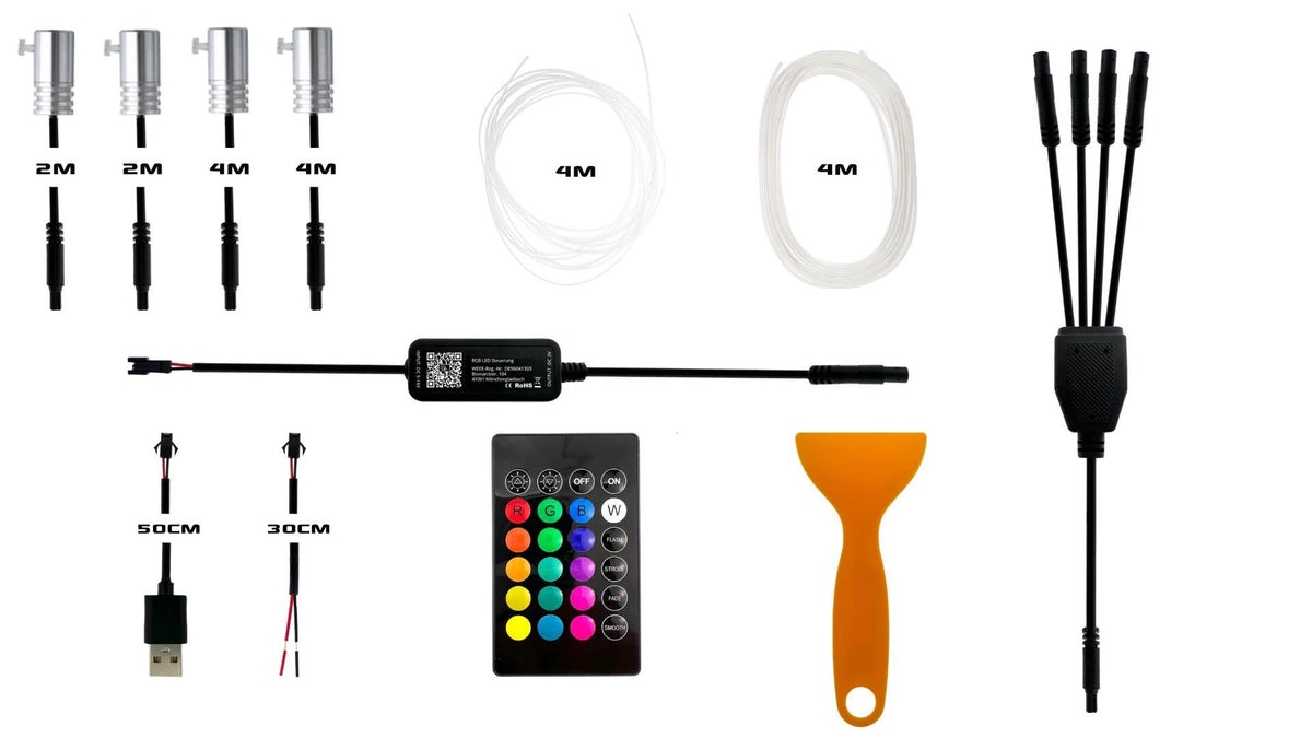 LED RGB Ambientebeleuchtung Universal-Set 4er – Lieferumfang mit LED-Modulen, Lichtleiter, Controller, Fernbedienung und Verteiler