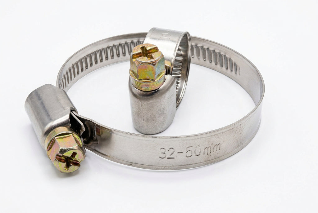 Schlauchschelle 32-50 mm aus Edelstahl mit eingeprägter Größenangabe und verzinkter Schraube