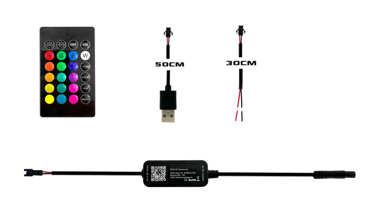 RGB LED Controller V3 Set mit Funkfernbedienung, USB-Adapter und Litzen-Adapter