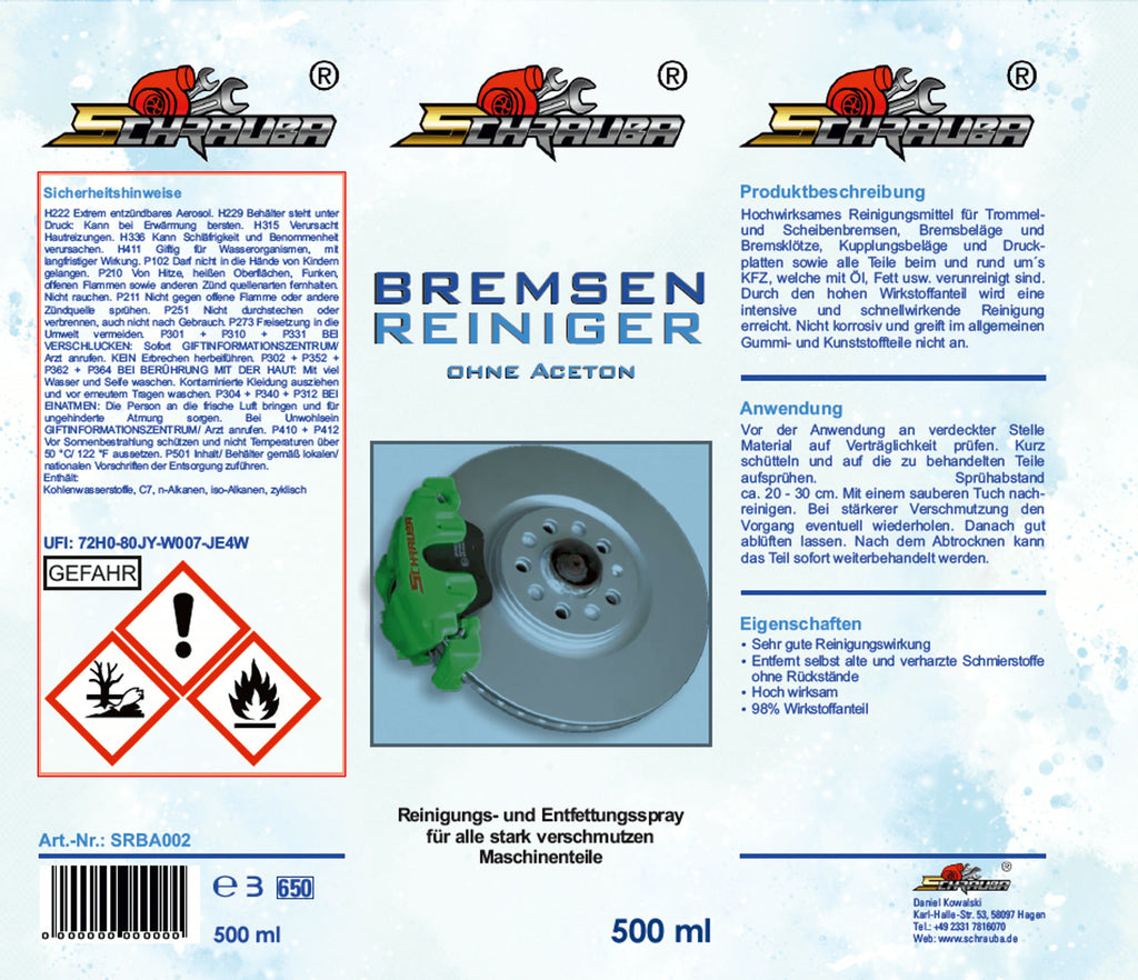 Schrauba Bremsenreiniger, Etikett mit Produktbeschreibung, Anwendung und Gefahrenhinweisen